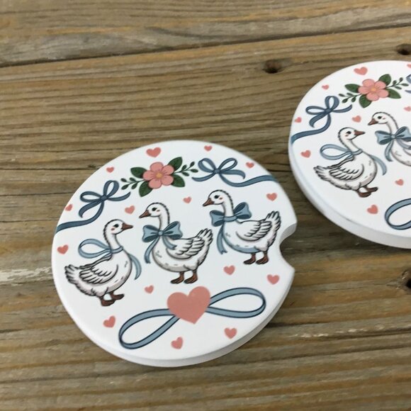 Goose with Bows and Hearts Floral Vintage Farmhouse Style Set of 2 Car Coasters - Picture 4 of 7